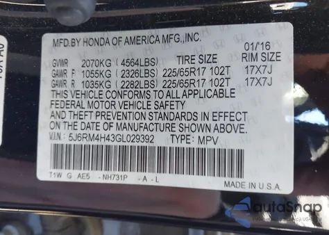 2016 Honda Cr-V Se из США, поврежденный, VIN 5J6RM4H43GL029392